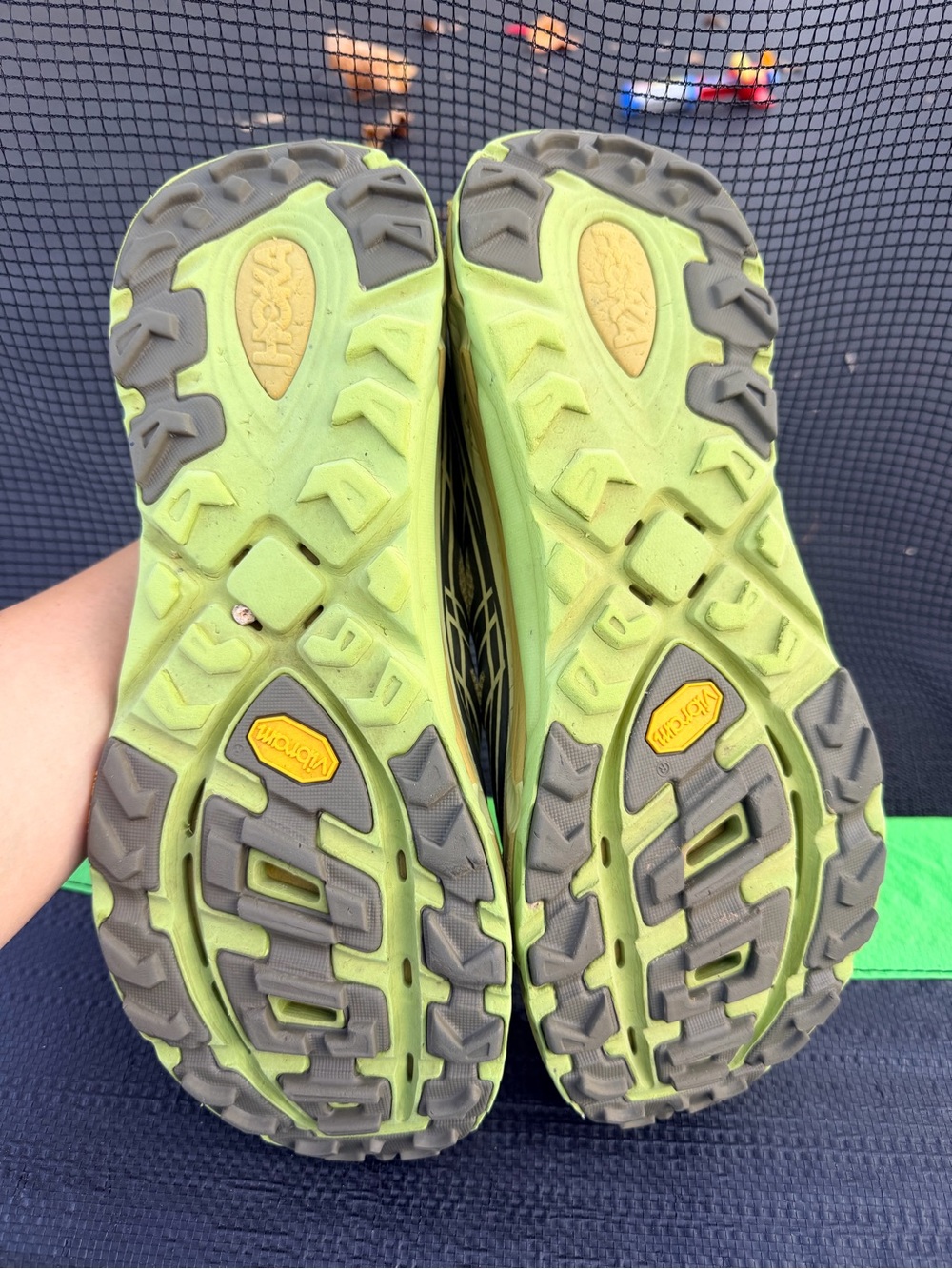 Hoka One One Olive Green Yellow Trail Running Shoes with Burgundy Laces - Picture 4 of 7